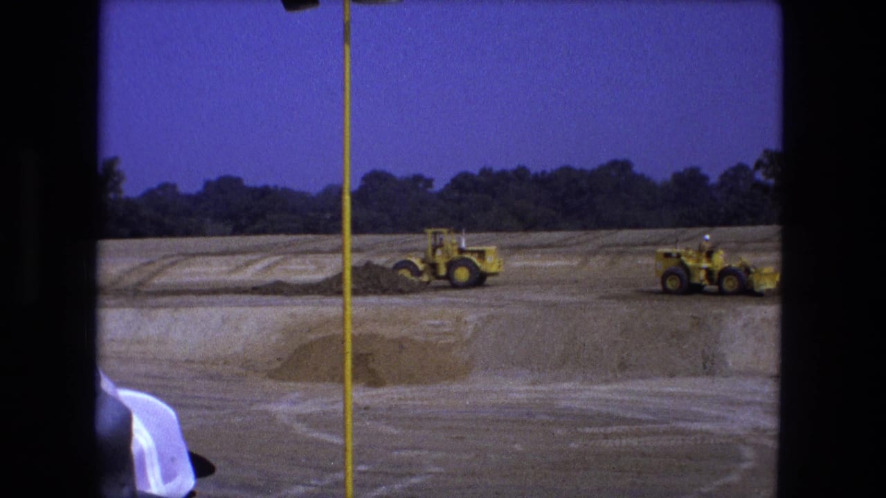 Yellow loaders move on a wide dirt site with trees along the horizon.