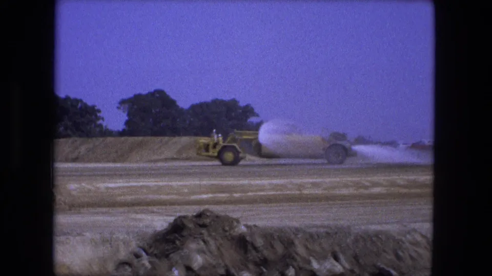1974 Fort Wayne 8mm frame showing a yellow water truck spraying water across a dirt construction road under a purple-blue sky.