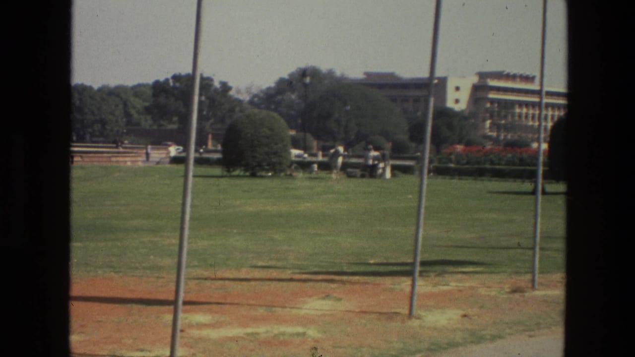 Open park lawn with flagpoles, shrubs, people and a distant car.