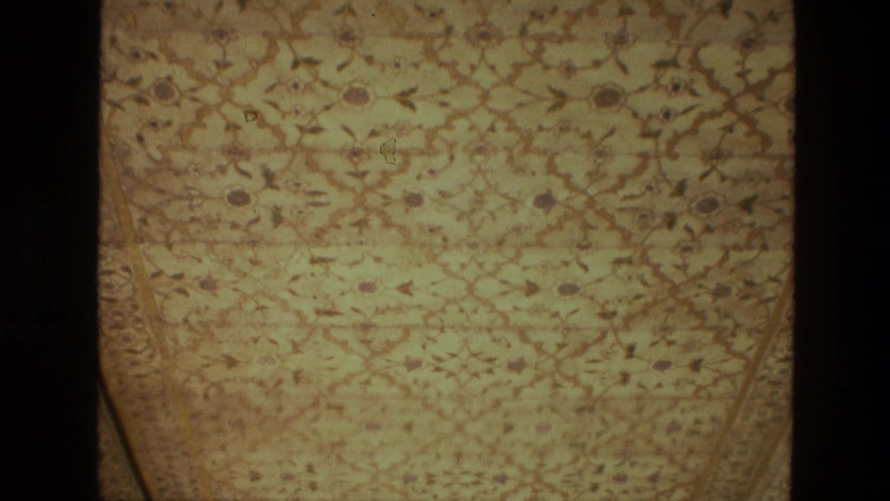 Ornate patterned ceiling panel with decorative borders and dark film edges.