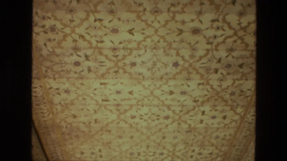 1974 India 8mm frame showing an ornate palace ceiling panel with floral-geometric patterning and warm aged color.