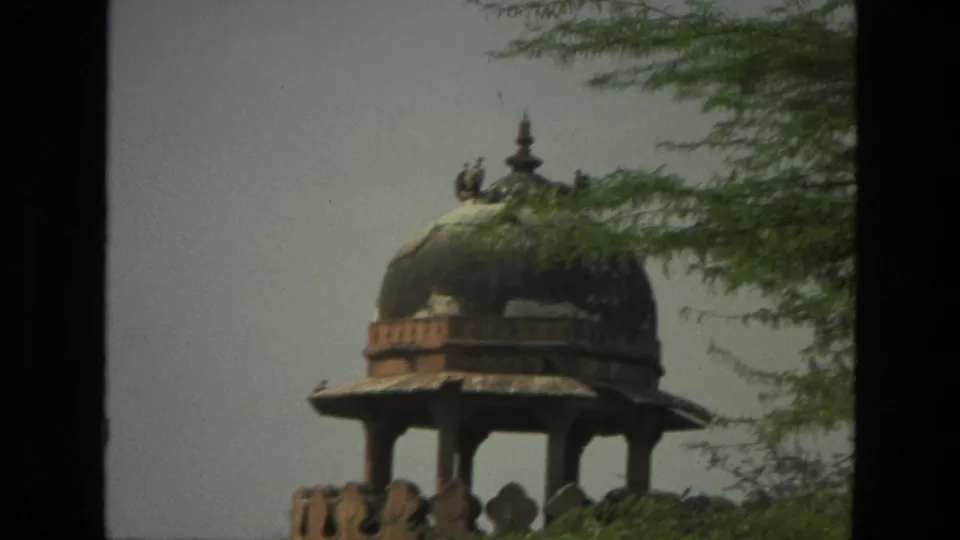 1974 India 8mm frame showing a domed pavilion with perched birds, carved railing, open columns, and overhanging branches.