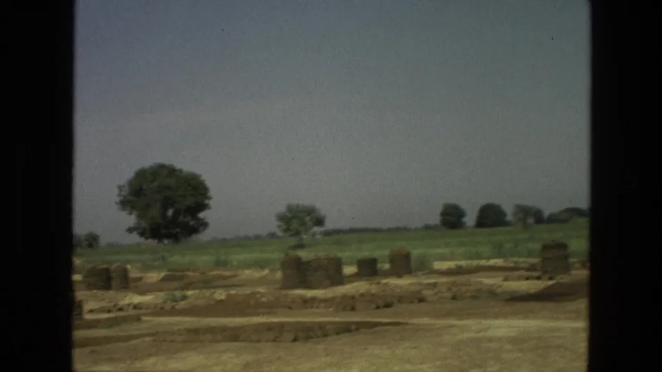 1974 India 8mm frame showing open rural fields, scattered trees, and low stacks or structures viewed from a passing vehicle.