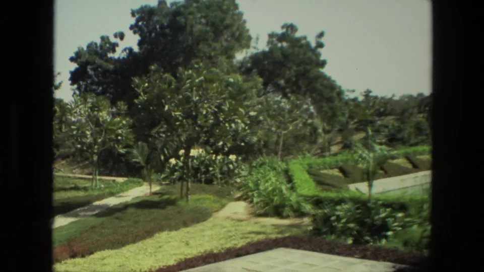 1974 India home-movie still of a maintained garden, showing pale pathways, shaped hedges, shrubs, and mature trees.