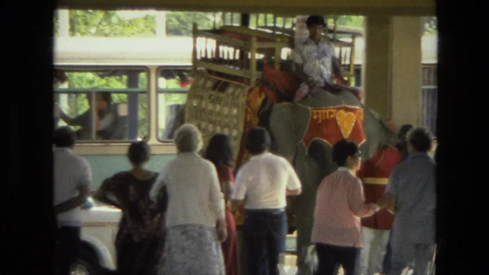 A decorated elephant with a rider is seen among onlookers near a bus in 1974 India travel footage.