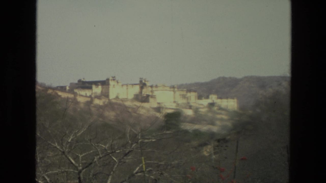 Hilltop fort or palace complex seen beyond branches and a roadside barrier.