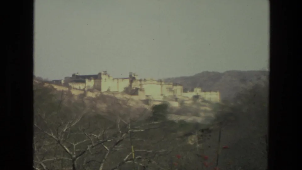 Distant 1974 India view of a pale hilltop fort or palace complex framed by leafless trees and low hills.