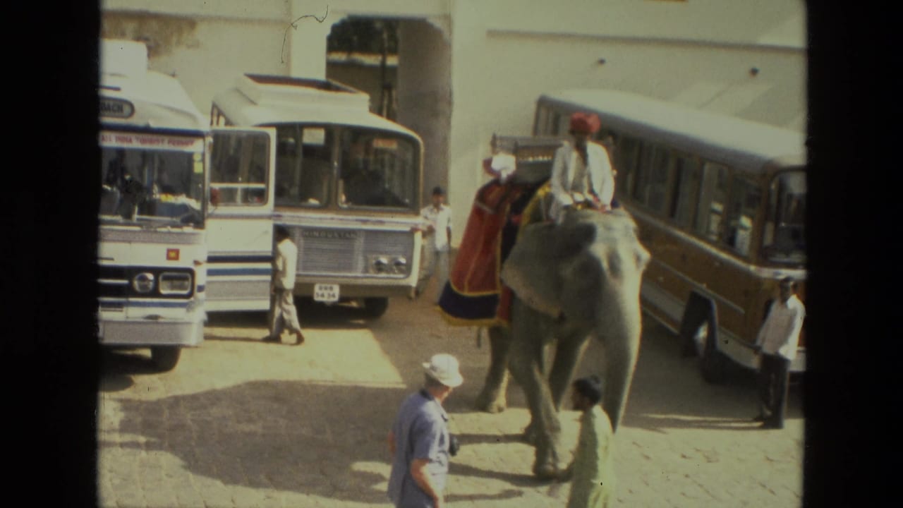 Elephant with riders moves between parked buses and pedestrians near a pale building.