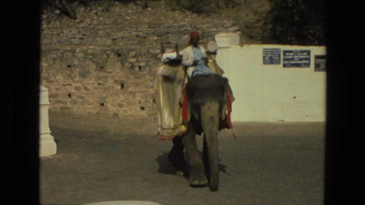 1974 India 8mm frame showing an elephant carrying riders beside stone walls, white pillars, and posted signs.