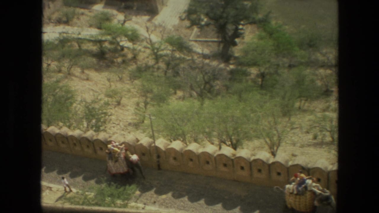 Stone wall with arched crenellations, trees, and elephants carrying riders along the road below.