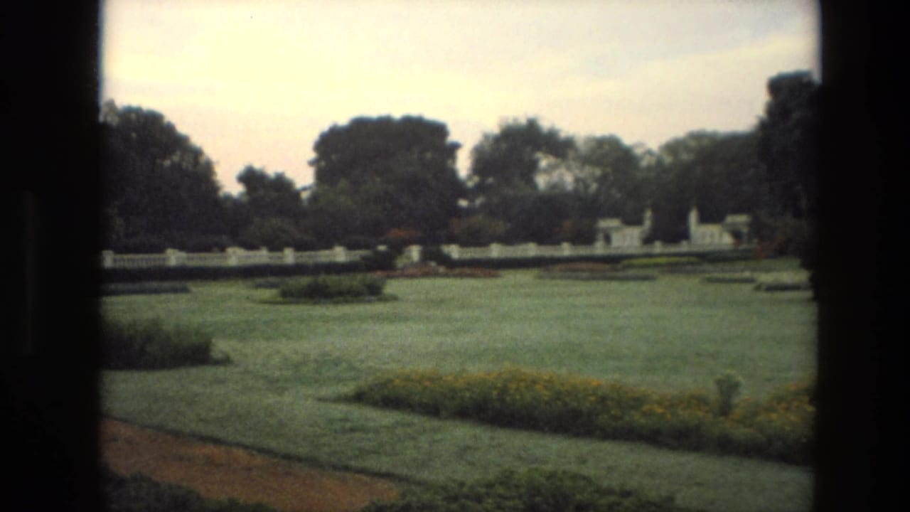 1974 India home-movie frame with a broad lawn, yellow flowerbed, pale garden wall, and tree line in soft 8mm color.