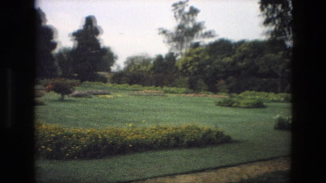 1974 India travel footage frames a formal garden with yellow flower borders, open lawn and trees beyond a dark film edge.