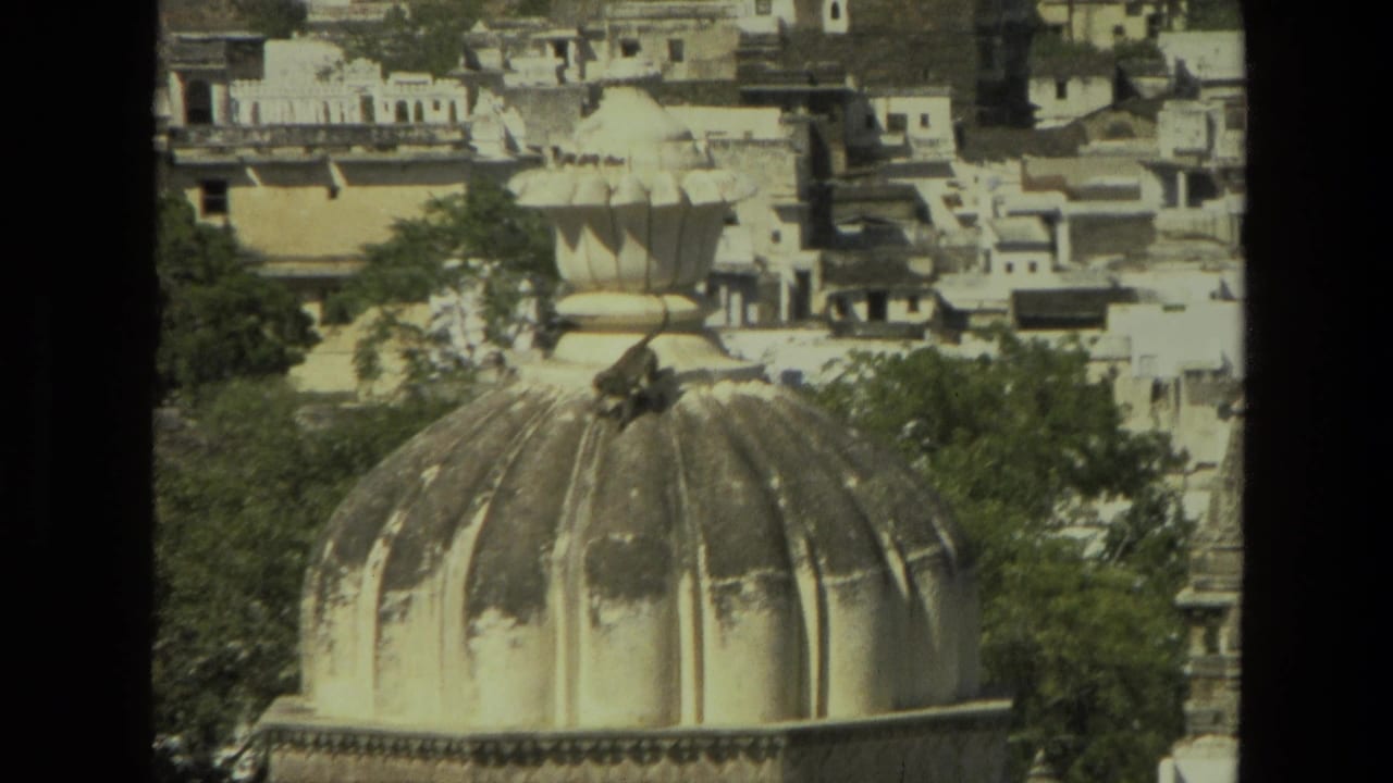 Monkey crossing the upper part of a weathered dome with buildings behind it.