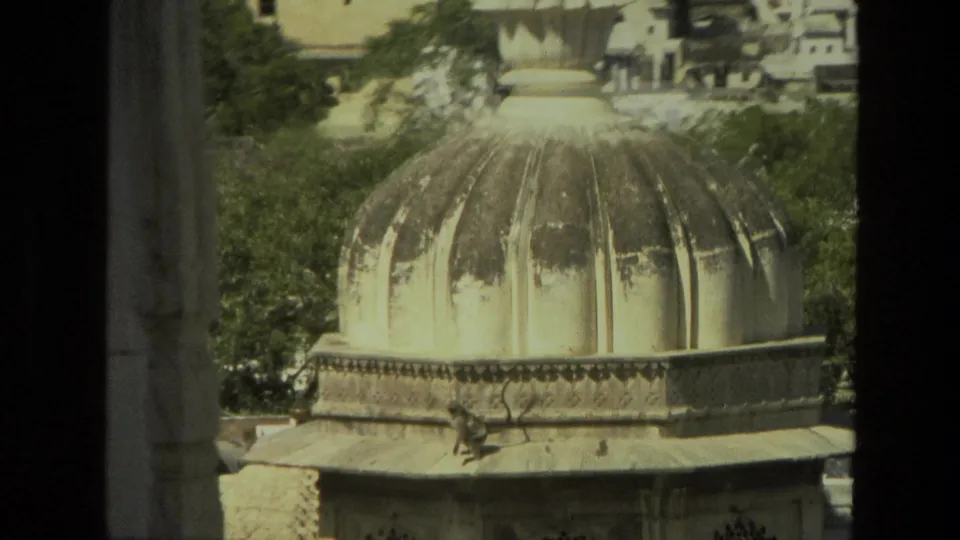 1974 India 8mm frame with a monkey near the base of a weathered dome, framed by dark window edges and greenery.