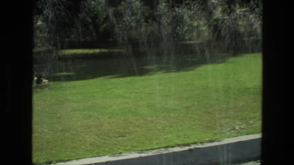 1974 India home-movie frame showing a manicured lawn, low water edge, fountain spray, and shaded trees beyond the garden.