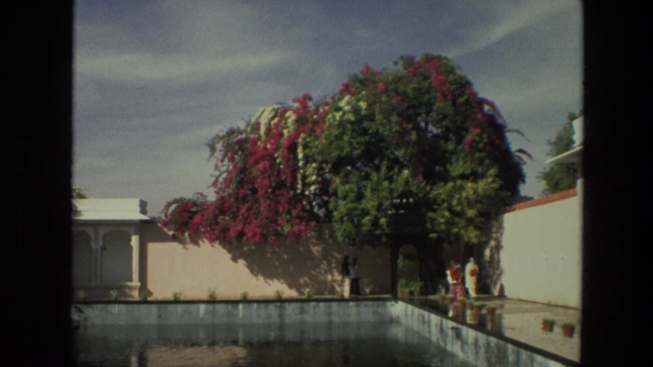 1974 8mm India footage shows a reflecting pond, flowering bougainvillea, white arched architecture, and people walking along the water edge.