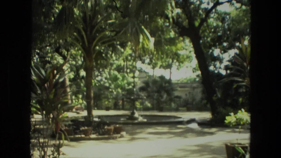 1974 India 8mm frame looking across a shaded courtyard with palms, a low fountain basin, potted plants, and dense greenery.