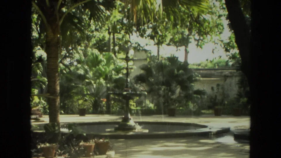1974 India 8mm frame centered on a low fountain basin in a tropical courtyard, with palms, potted plants, and a shaded wall behind it.