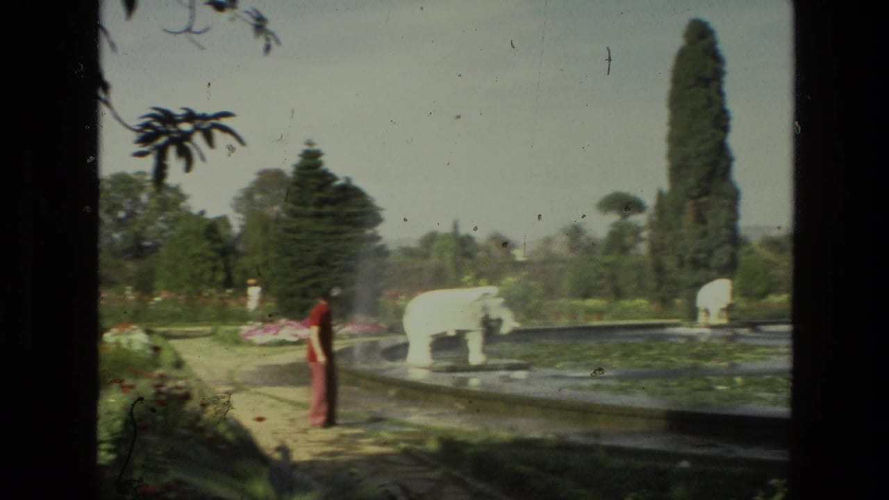Visitor in red stands near a pond with a white animal sculpture in a landscaped garden.