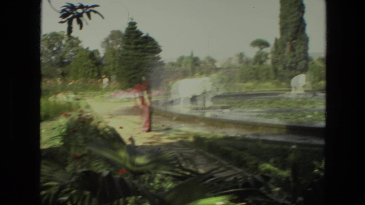 A 1974 India garden scene shows a visitor near a pond with a white sculpture and water spray, framed by tall trees, shrubs, and formal landscaping.
