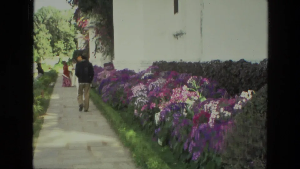 In the 1974 India garden footage, visitors walk along a paved path bordered by dense purple and white flowers, hedging, trees, and a light-colored wall.