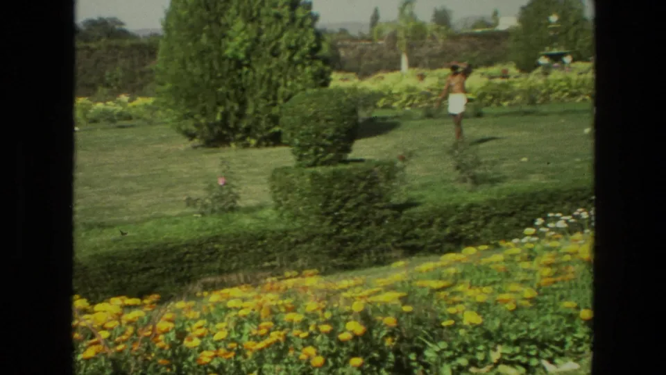 1974 India home-movie still of a landscaped garden with a person walking near clipped hedges, flowers, and a tall shaped shrub.