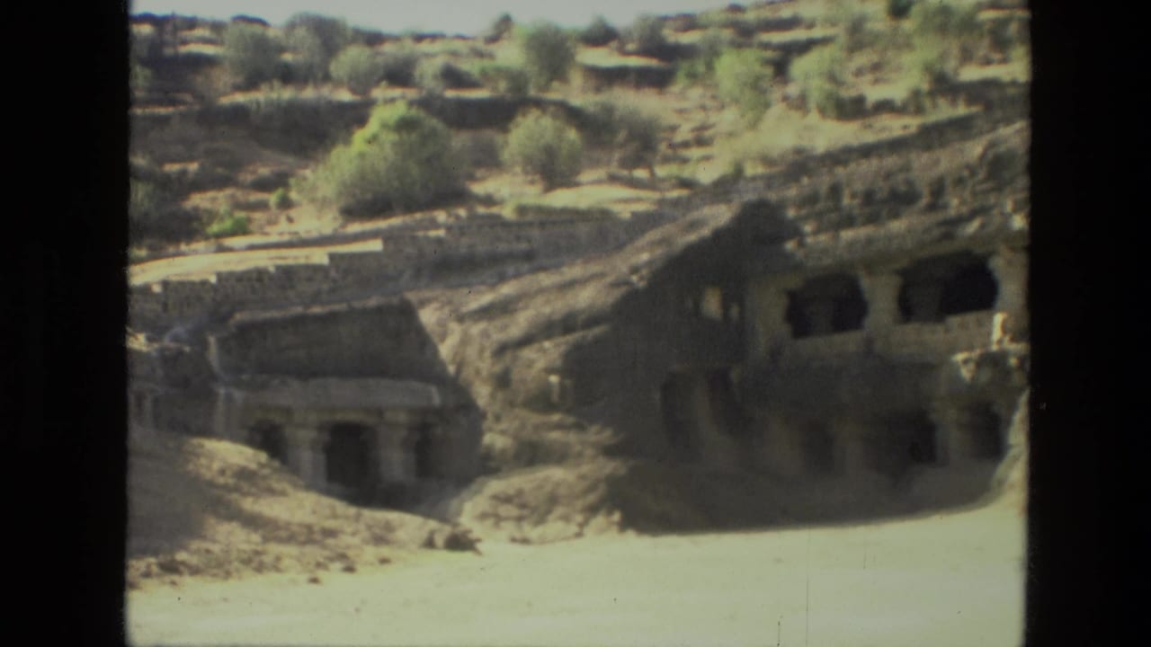 Rock-cut cave entrances in a dry hillside landscape with sparse trees.
