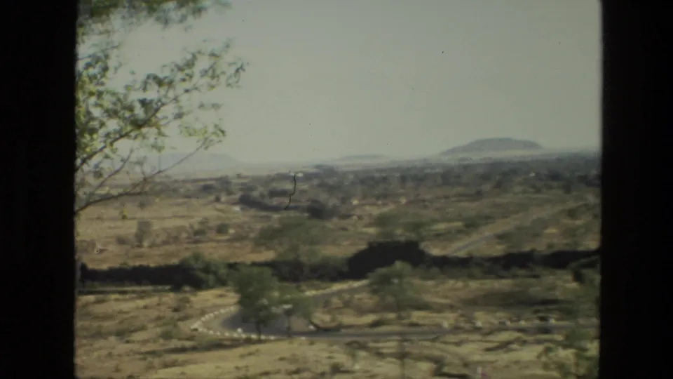 1974 India 8mm frame of a wide arid landscape with tree branches, a winding road, scattered fields, and a low hill in the distance.