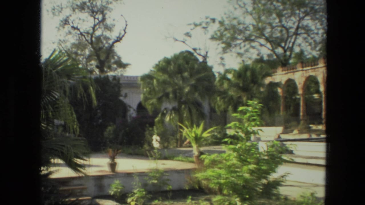 Tropical garden plants and palms stand before a white building with arched colonnades.