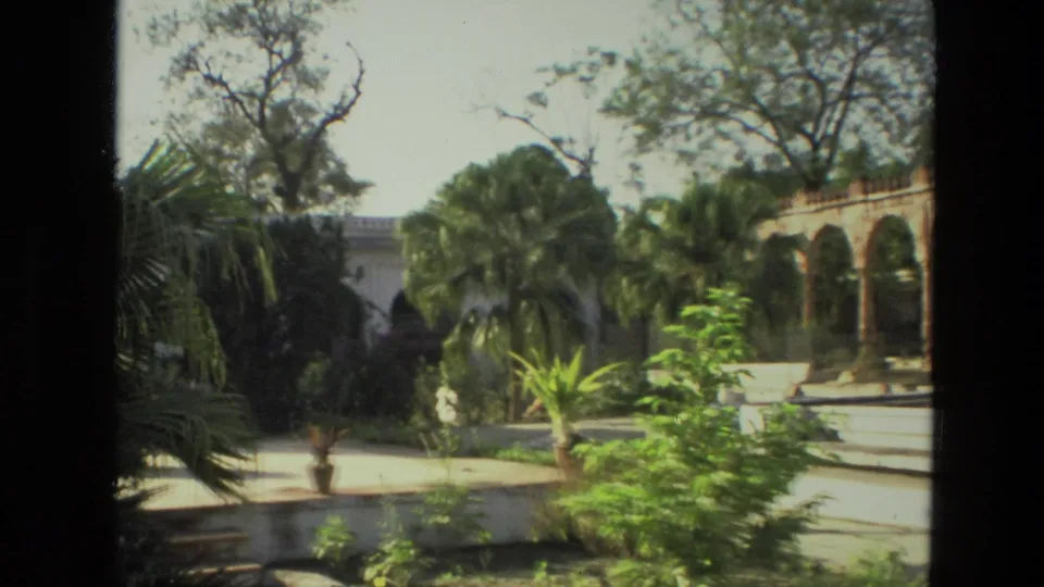 1974 India garden view with palms, broad foliage, paved paths, and a white arched building in soft 8mm color.