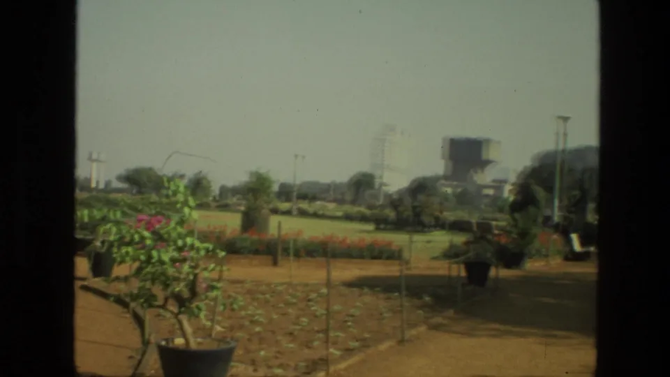 1974 India frame showing a potted flowering plant, low garden beds, open park lawn, trees, and hazy buildings in the distance.