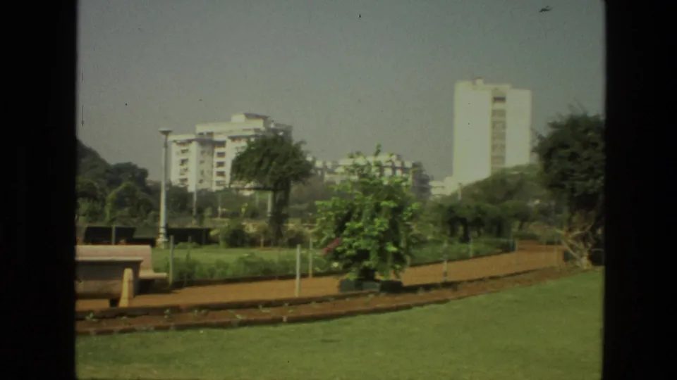 1974 India park scene with benches entering the foreground, a dirt path, planted beds, trees, and high-rise buildings in the distance.