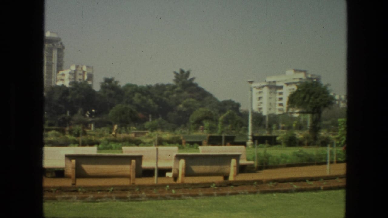 Park garden with benches, trees, lawns, and distant high-rise buildings.