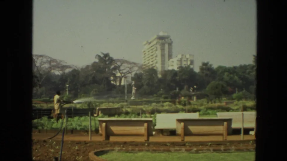 In this 1974 India park frame, a person tends plants near benches while trees and distant buildings line the background.