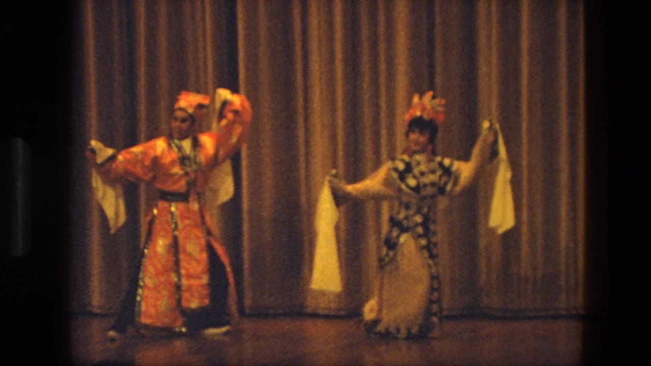 Two performers in bright costumes pose apart on stage with scarves raised.