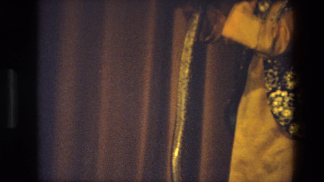 Close cropped stage view with a snake and part of the performer in costume near curtains.