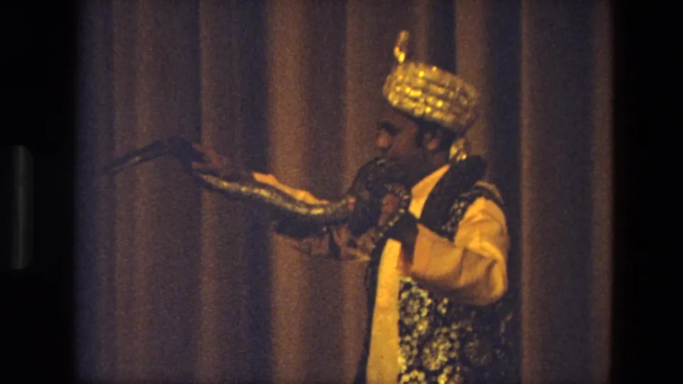 1974 India home-movie frame showing the stage performer holding the snake forward near a microphone and curtain backdrop.