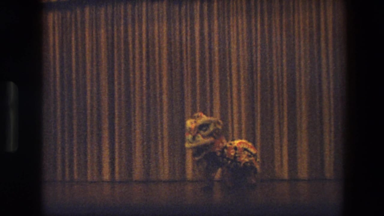 Lion dance costume on a stage in front of a brown curtain.