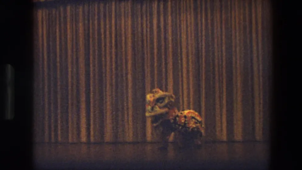 1974 8mm home-movie frame from India showing a lion dance costume onstage before a heavy brown curtain.