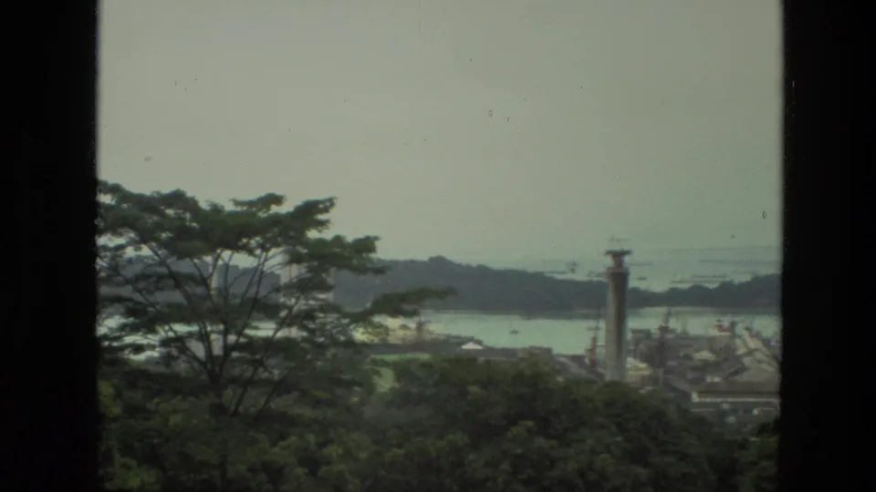 1974 India 8mm frame looking past dense trees toward a hazy reservoir area with a tall structure and distant shoreline.