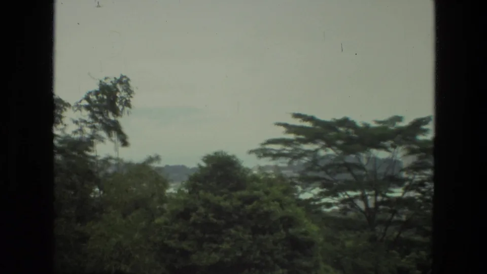 The camera continues across a window-framed 1974 India overlook, with layered trees, pale sky, and water visible beyond.