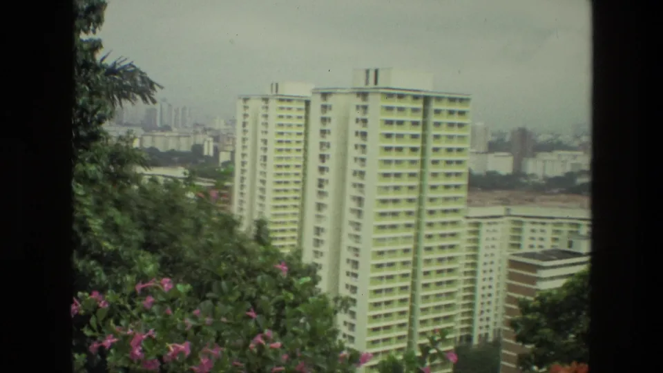 1974 India 8mm frame with high-rise residential buildings beyond trees and flowers, seen from a garden or hillside overlook.