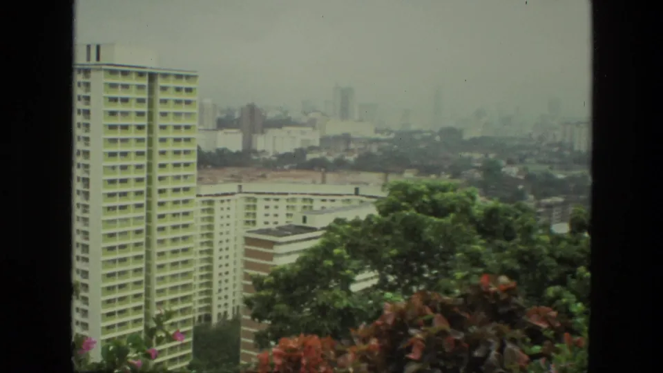 Elevated 1974 India city view with a cropped apartment tower, leafy foreground, lower housing blocks, and softened distant buildings.