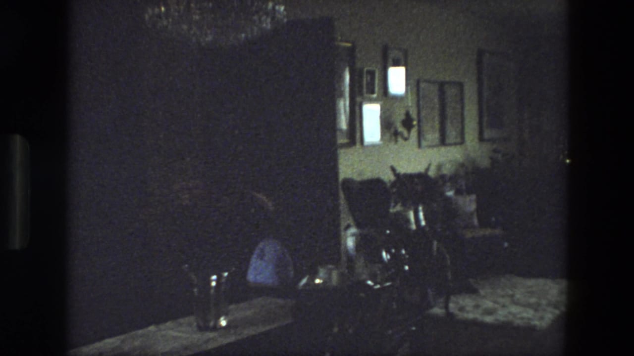 Low-light 1974 India interior showing framed wall pictures, living room furniture, and a person seated in the background.
