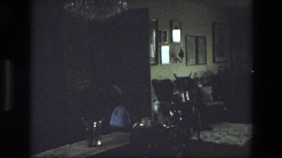 Low-light 1974 India interior showing framed wall pictures, living room furniture, and a person seated in the background.