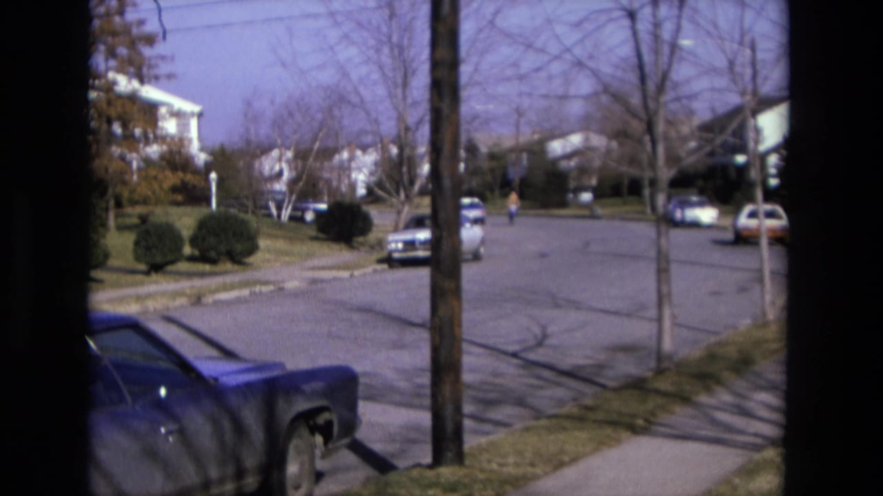 Bicyclist rides along a residential street past parked cars and leafless trees.