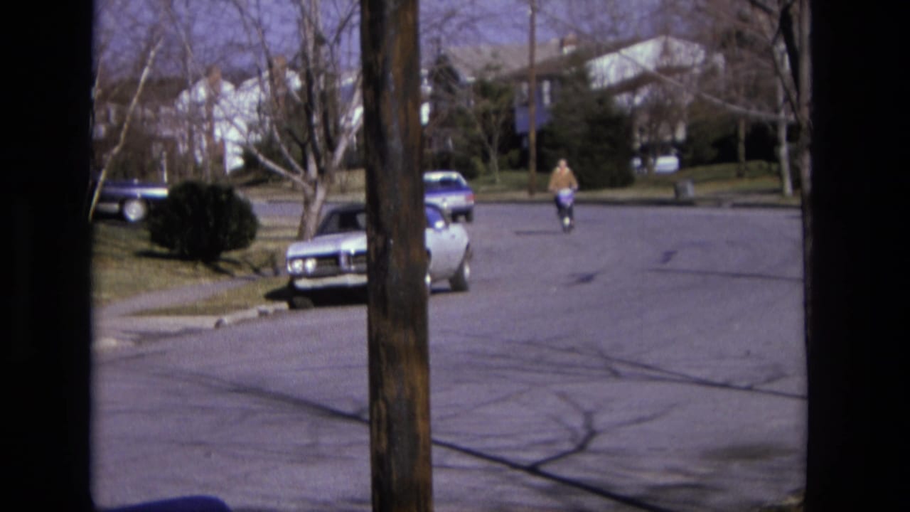 Cyclist rides down a quiet residential street past parked cars and bare trees.