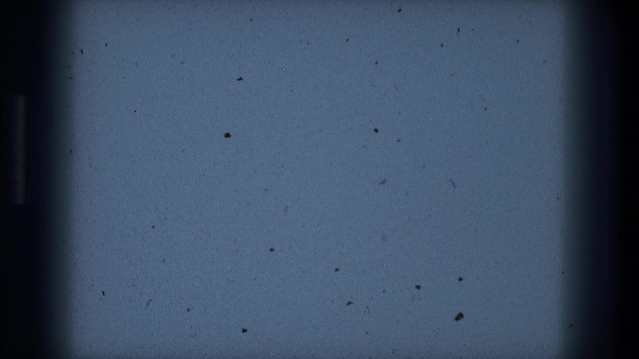 Mostly blank blue film frame with dust specks and dark vertical edge.