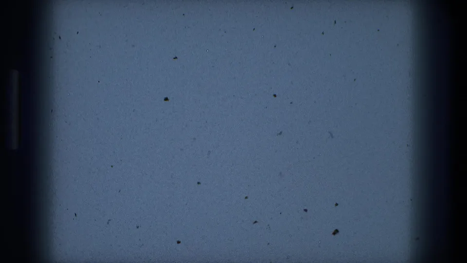 Opening 8mm frame with a pale blue exposure area, visible dust specks, and dark film-edge shading before the Christmas scene appears.