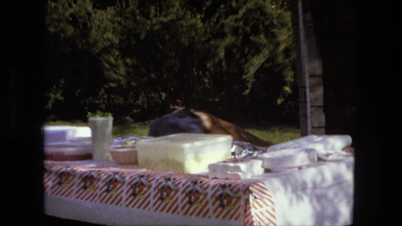 The backyard picnic table fills the frame as the falling performer drops low behind the table in the 1976 home movie scene.